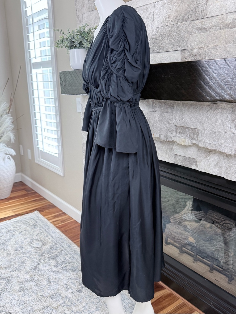 Cult Gaia Black Silk Blend Puff Sleeve Empire Waist Midi Dress S - Picture 2 of 10